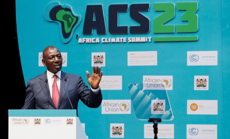 Kenya's President William Ruto addresses delegates at the close of the Africa Climate Summit (ACS) 2023 at the Kenyatta International Convention Centre (KICC) in Nairobi, Kenya, on September 6, 2023.