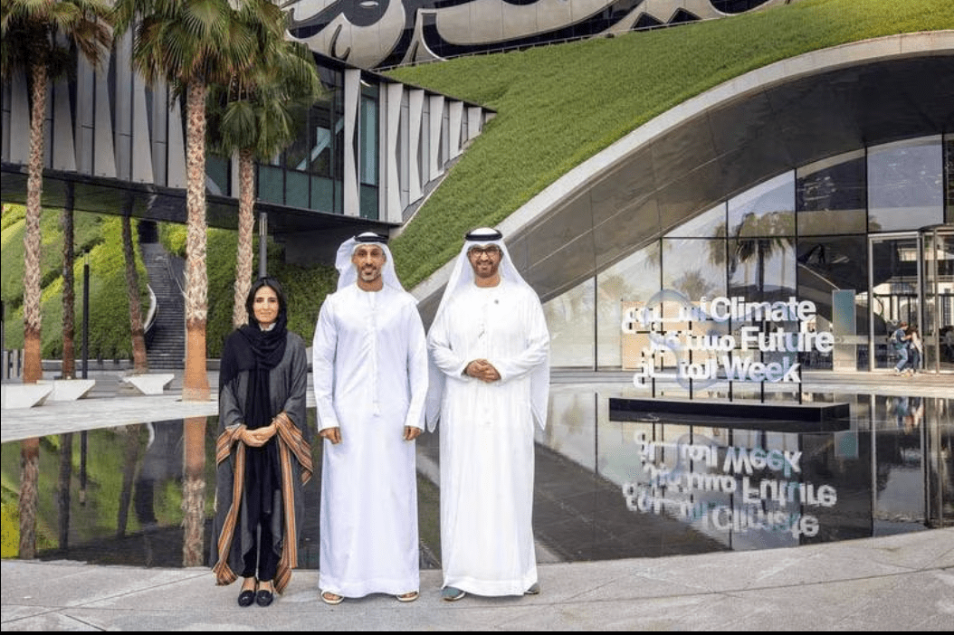 Dr Sultan Al Jaber, Cop28 President-designate, with Razan Al Mubarak, UN Climate Change High-Level Champion for Cop28, and Khalfan Belhoul, chief executive Dubai Future Foundation, at the Climate Future Week at the Museum of the Future in Dubai. Photo: Cop28 UAE