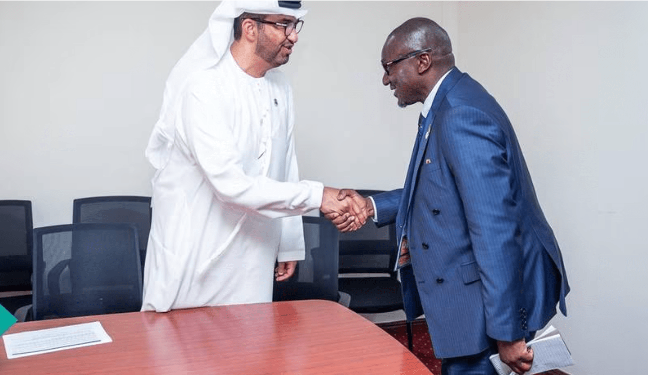 Dr Sultan Al Jaber meets Collins Nzovu, Zambia’s Minister of Green Economy and Environment, in Nairobi on a day the UAE pledged billions to help African nations develop green energy sources. Photo: Cop28