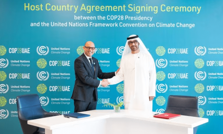 Dr Sultan Al Jaber and Simon Stiell, UN Framework Convention on Climate Change executive secretary. Photo: Cop28