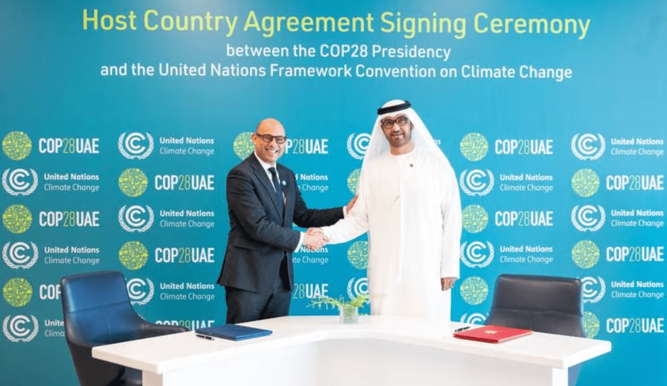 Dr Sultan Al Jaber and Simon Stiell, UN Framework Convention on Climate Change executive secretary. Photo: Cop28