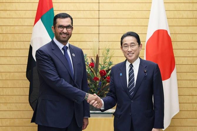 Special Envoy of the UAE to Japan, Sultan Al-Jaber, meets with Japanese Prime Minister Fumio Kishida in Tokyo on Monday. (Arab News Japan)