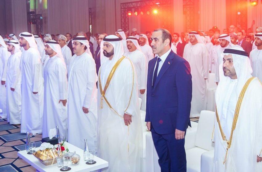 The Crown Prince of Fujairah, Sheikh Mohammed bin Hamad Al Sharqi, the Iraqi Minister of Industry and Minerals, Khaled Battal Al-Najm, and Emirati officials during their participation in the 8th version of the Fujairah International Mining Forum. Photo: WAM