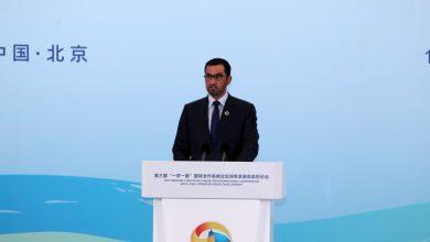 Dr Sultan bin Ahmed Al Jaber, Minister of Industry and Advanced Technology and COP28 President-Designate, addresses the high-level forum on green development in Beijing on Wednesday. Photo: Wam