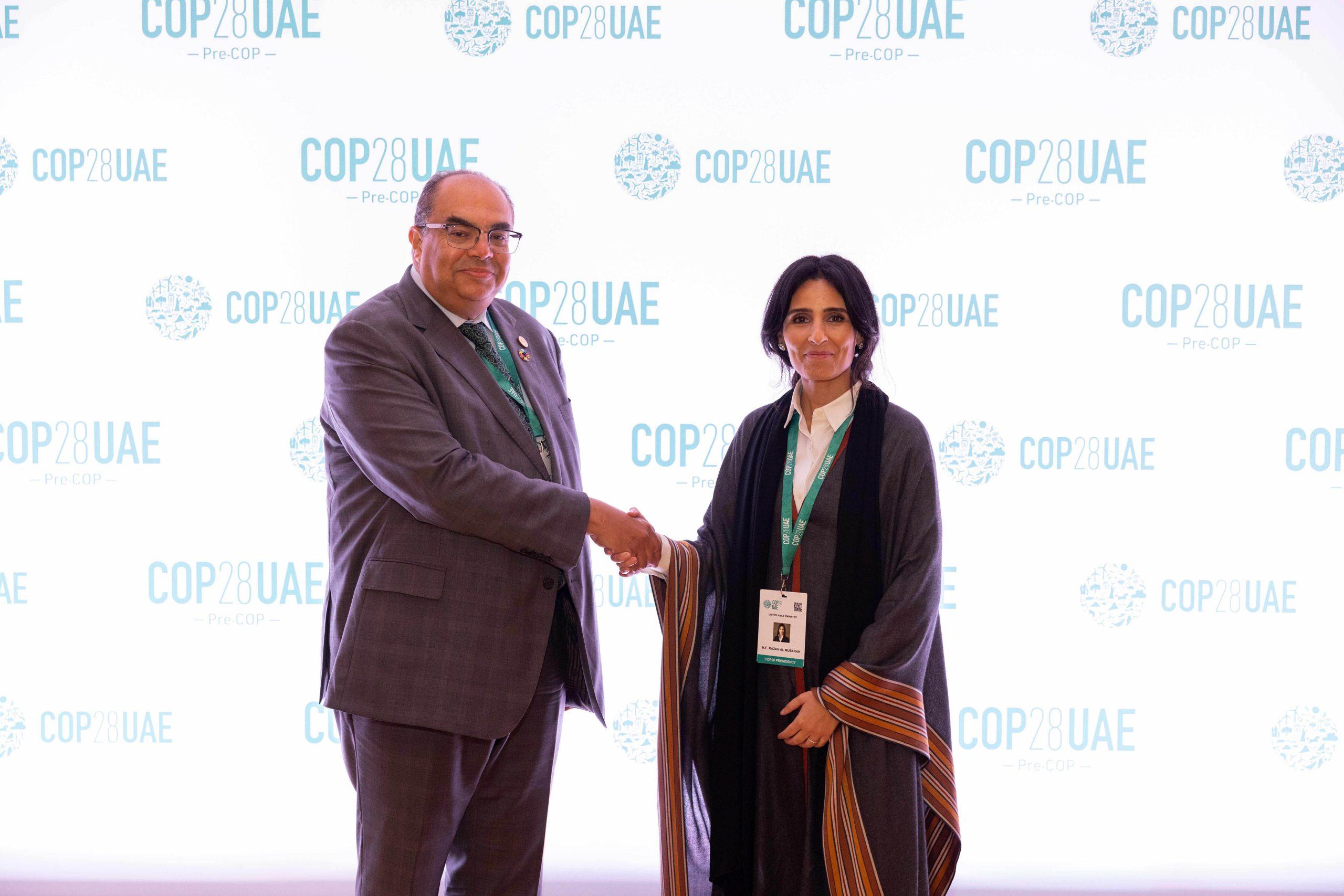 Razan Khalifa Al Mubarak from the COP28 Presidency and Dr. Mahmoud Mohieldin from the COP27 Presidency Source: Wam.ae