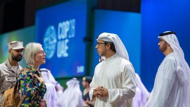 Sheikh Mansour bin Zayed Al Nahyan (2nd left) and Sultan Ahmed Al Jaber (right) during the tour of Expo City Dubai to inspect the final preparations for COP28.Image Credit- Wam