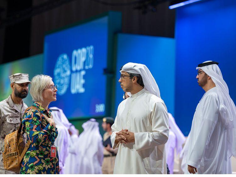 Sheikh Mansour bin Zayed Al Nahyan (2nd left) and Sultan Ahmed Al Jaber (right) during the tour of Expo City Dubai to inspect the final preparations for COP28.Image Credit- Wam